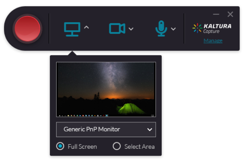 Kaltura Capture recording types including audio, screen, screen and webcam, and webcam.