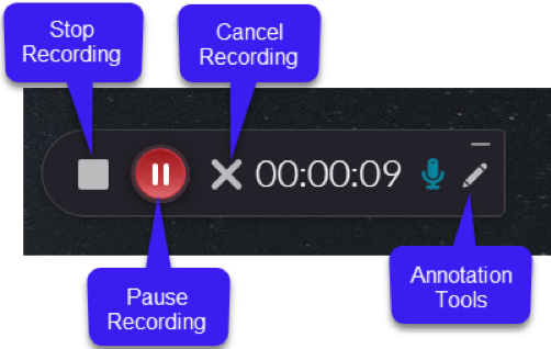 Use the Kaltura Capture recorder to stop, pause or resume, and cancel the recording. Use the Annotation tools to draw and highlight items on the screen.