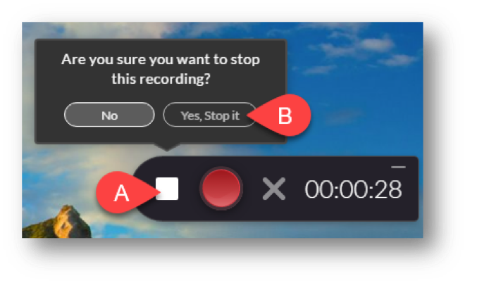 Select the Stop icon to end the recording, then confirm you wish to stop the recording.