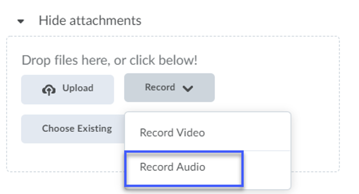 The Record Audio option is located within the Add Attachments options.