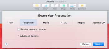 Export Your Presentation menu in Apple Keynote.