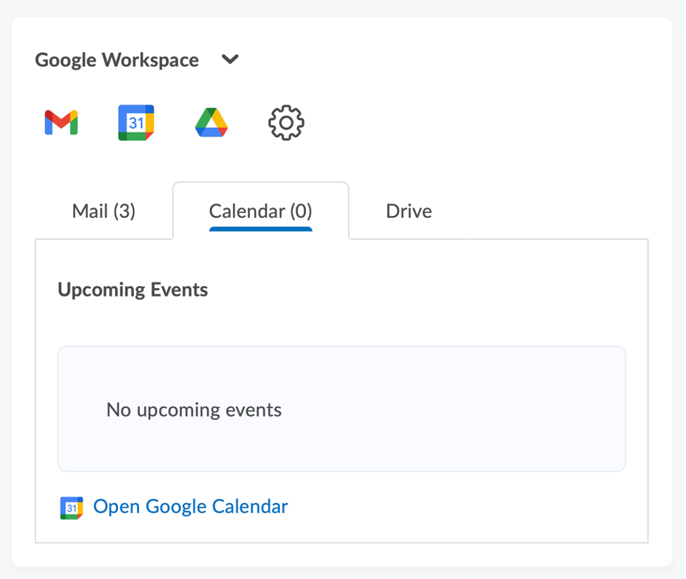 View of the Google Workspace widget, including mail, calendar and Drive.