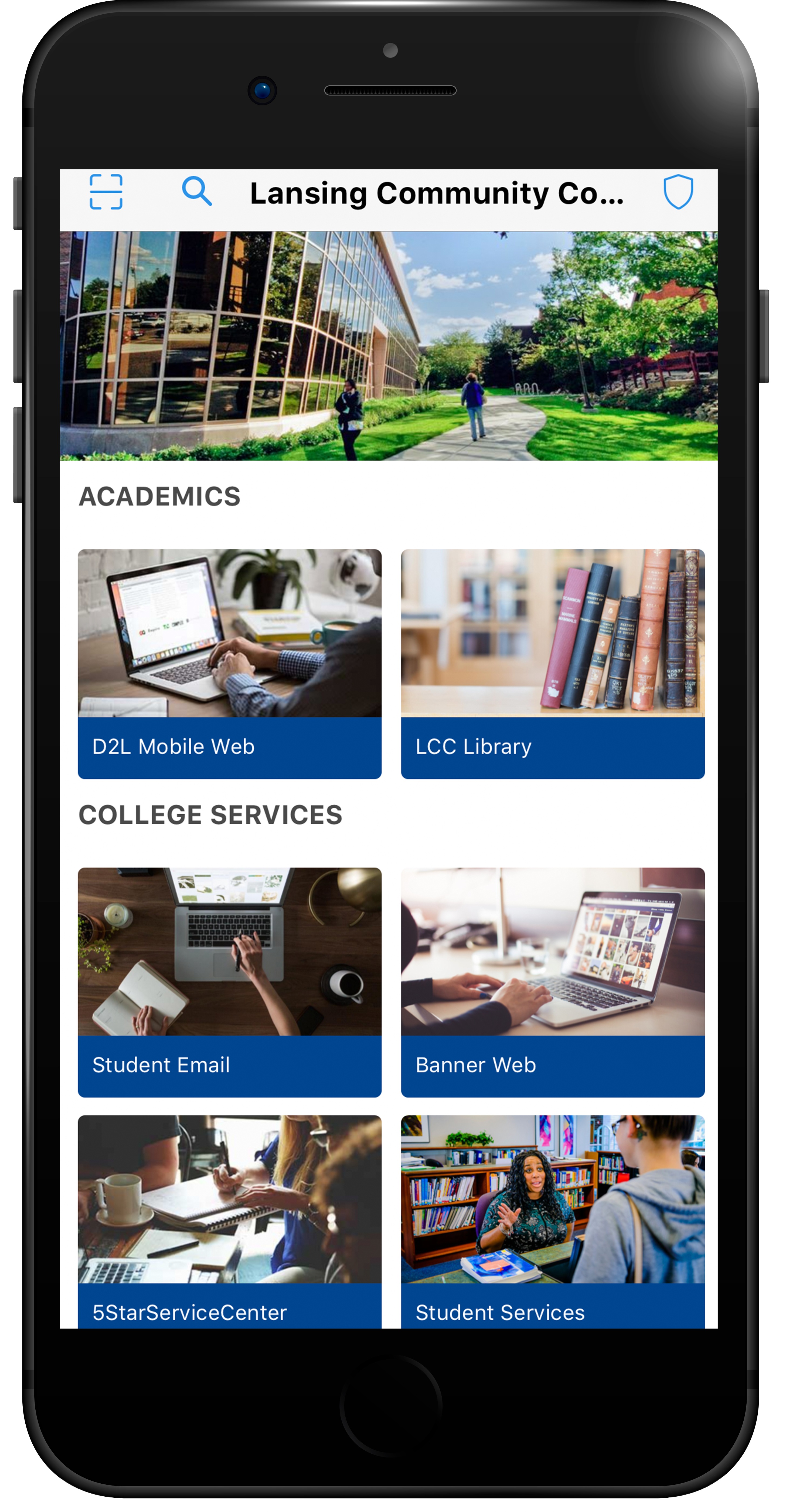 Screenshot of the LCC Mobile app. Available in the Apple App store or the Google Play store.