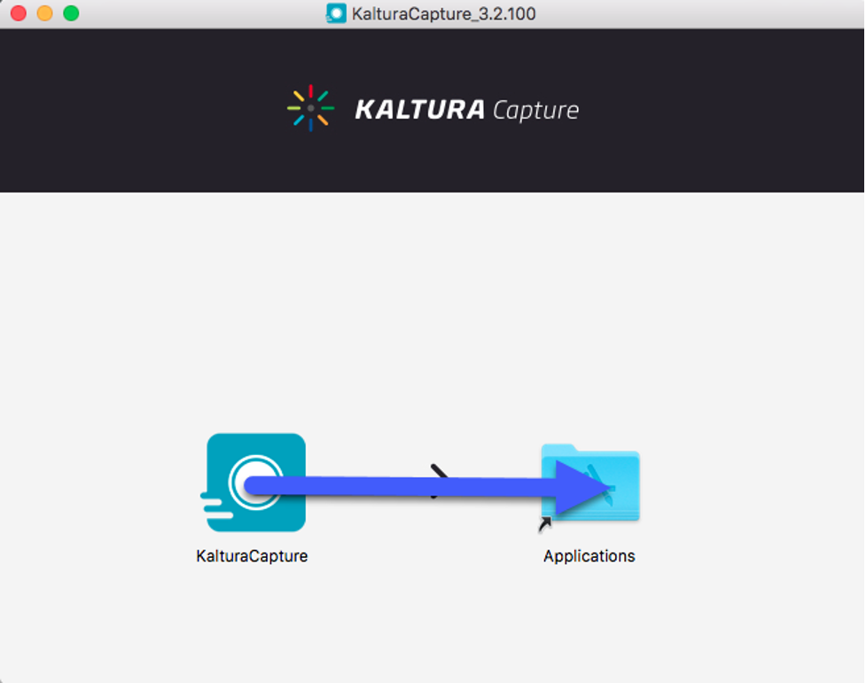 Install Kaltura Capture by dragging the app icon into the Applications Folder.