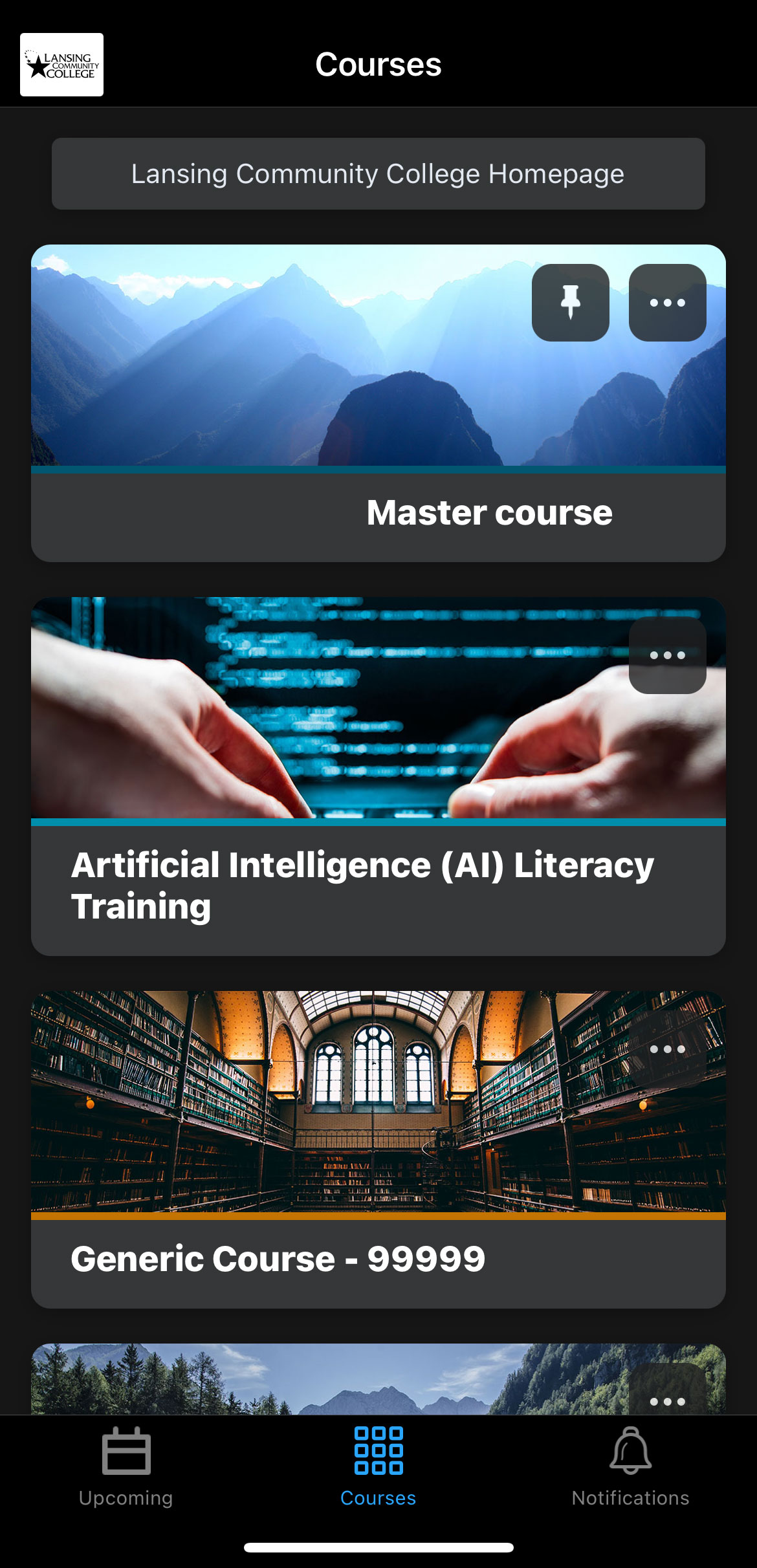 Course selection of the Brightspace Pulse App in mobile view.