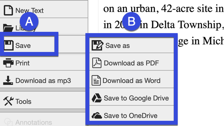 Select Save or the Save menu to download as PDF, Word or Print.