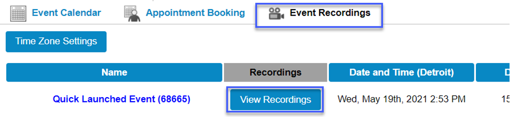 Screenshot of the Event Recordings tab, highlighting View Recordings.