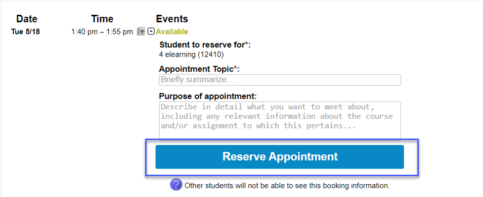 Screenshot highlighting the link to Reserve Appointment.