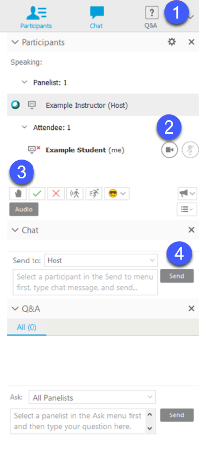 Screenshot of the WebEx Training Options. A red number 1 marks the Q&A link, 2 notates the Start My Camera icon, 3 marks the Feedback tools and 4 is next to the Chat Panel.