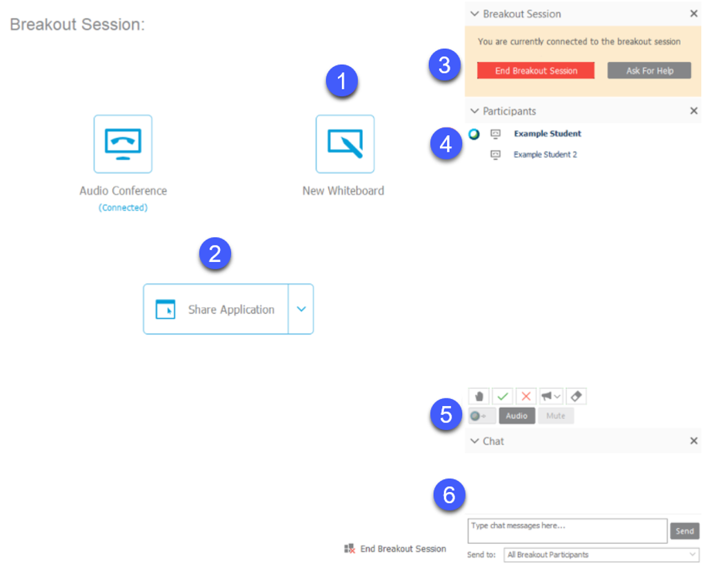 Screenshot of the Breakout Session. a red number 1 notates New Whiteboard, 2 Share Application, 3 Breakour panel. 4 Participants, 5 Presenter tools, 6 Chat panel.