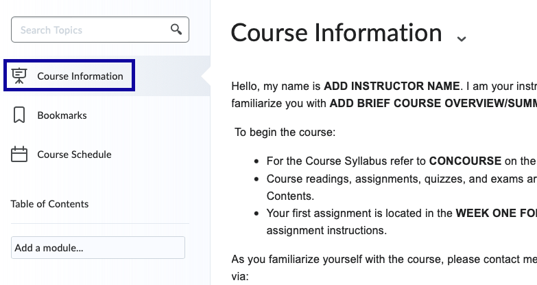 In Content, Course Information is located in the upper left hand corner.