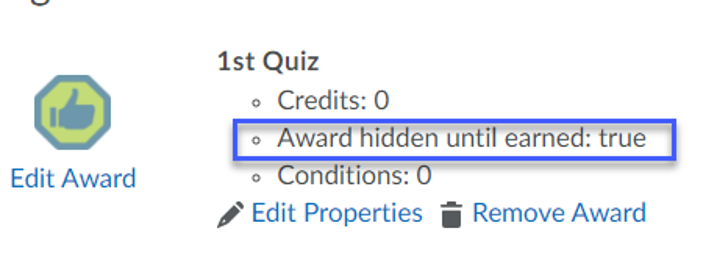 From Award Details, verify the award will be hidden until earned.