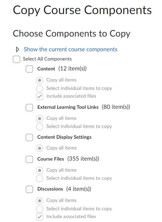 Checkbox or radio button selected for all items to be copied into a course.