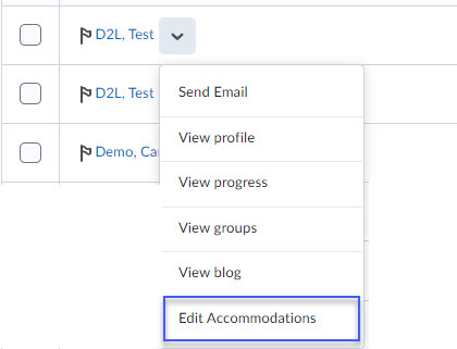 Select Edit Accommodations from the action menu for a particular student.
