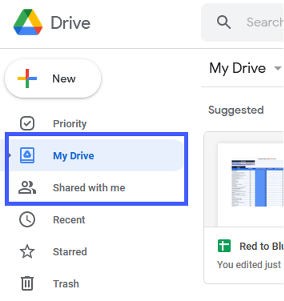 Google Drive, showing location of My Drive and Shared with me.