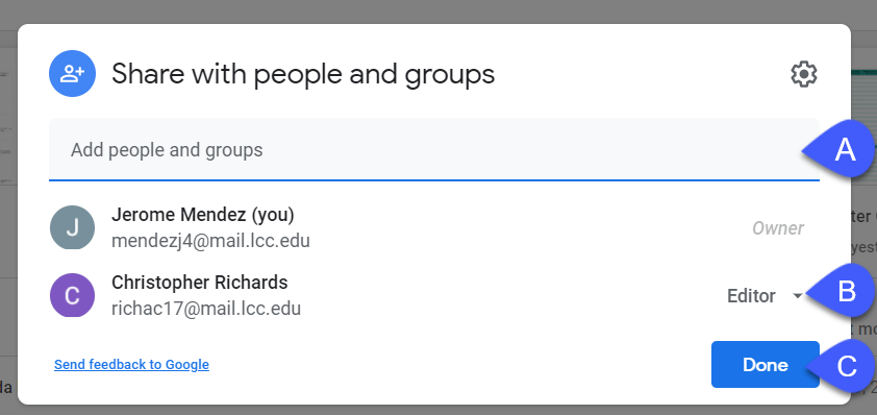 Screenshot of the Sharing panel in Google.
