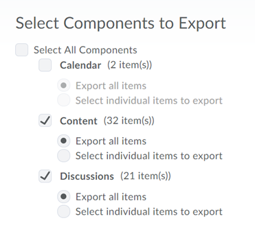 Checkbox next to each item to be exported should be selected, or users can select the Select All Components Checkbox to select all items.