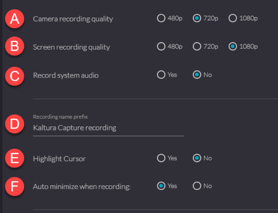 Kaltura recording settings overview.