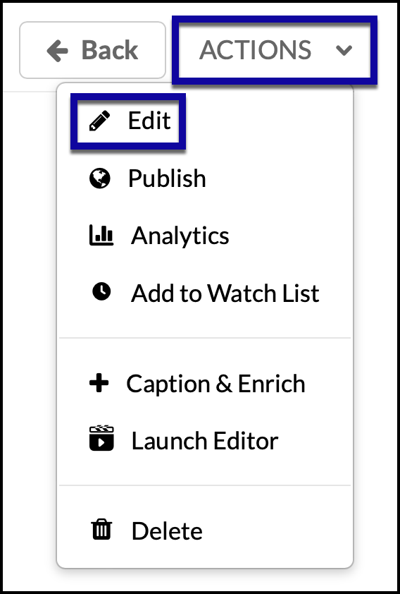 Highlighting the edit option under the actions menu for a video.
