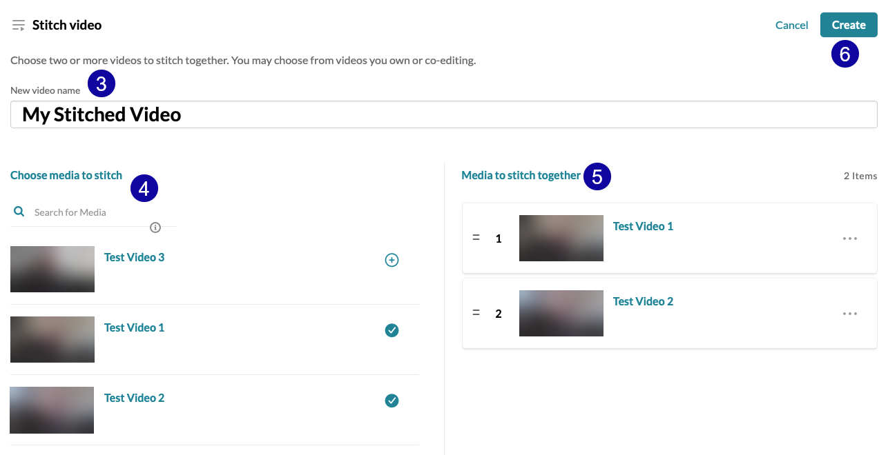 screenshot of stitch video screen, with the title highlighted with 3, menu of existing videos highlighted with 4, preview of select videos highlighted with 5, and the Create button highlighted with 6