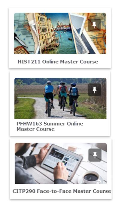 Example of master courses for an HISt211 Online, PFHW163 Summer Online, and CITP290 Face-to-Face Master Courses.