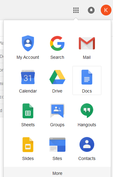 Google Apps drop-down menu displaying the Google tools options available to select from.