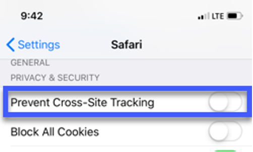 Deselect Prevent Cross-Site Tracking.