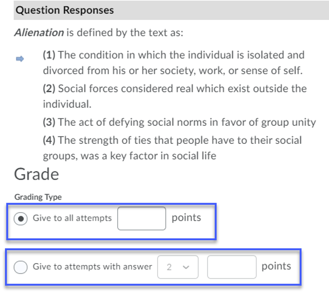 Enter the number of points to add to all attempts, or enter the number of points to add to users who selected a specific answer choice.