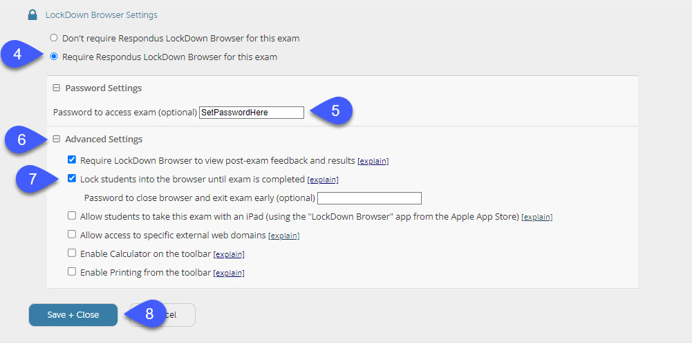Overview of LockDown Browser settings.