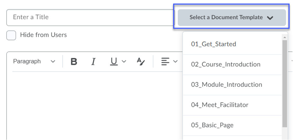 Menu expanded for Select a Document Template
