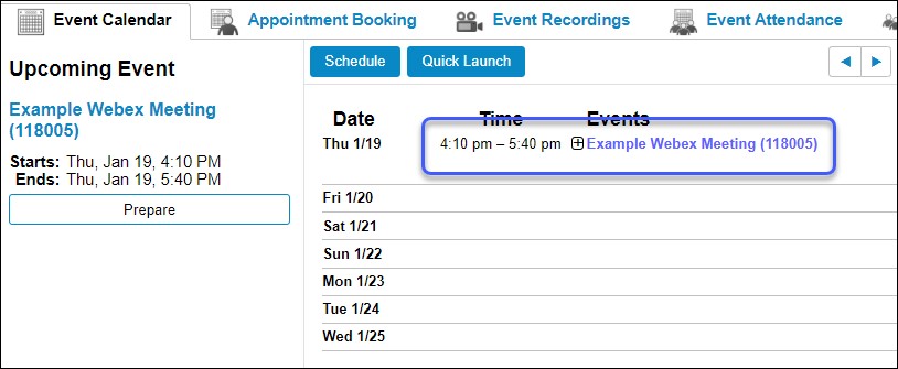 Event Calendar tab following Webex Meeting