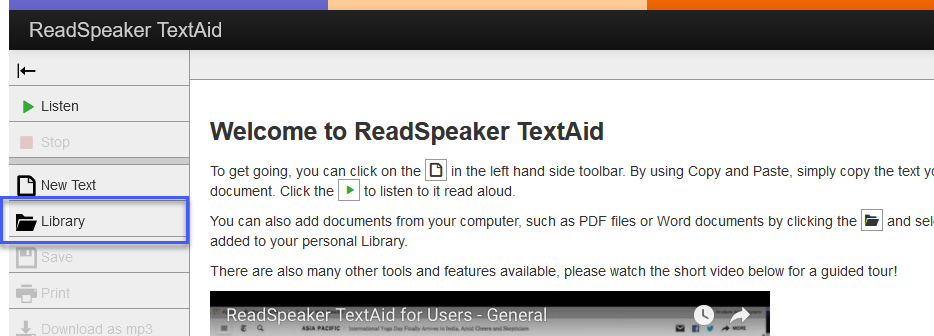 Select library within the ReadSpeaker TextAid navigation menu.