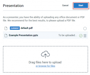 Shows file selector for presentation highlighting Start