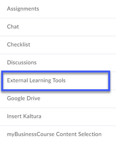 Select External Learning Tools from the Add Existing Activities menu.