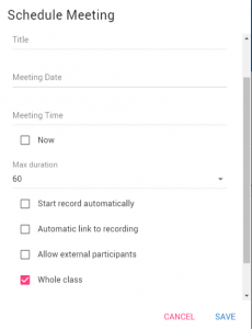 Show the set up options for scheduling a new meeting, including name, start date and time, max duration, etc.