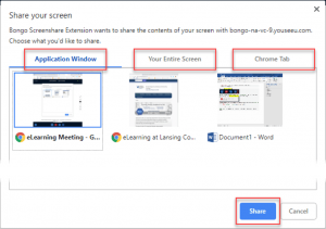 Showing the share your screen pop up, highlighting the Application Window, You Entire Screen, Chrome Tab and Share buttons.