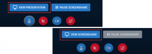 Shows two screenshots highting the veiw presentation and veiw screenshare buttons.
