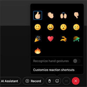 The Reactions menu within a Webex meeting.