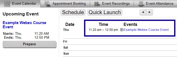 Event Calendar tab following Webex Meeting