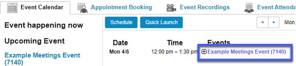 Screenshot of Event Calendar tab in D2L, highlighting a scheduled WebEx Meeeting.