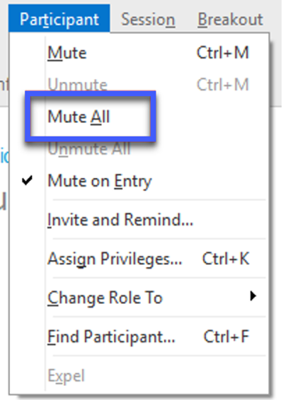 Screenshot of Participant menu, highlighting Mute all.