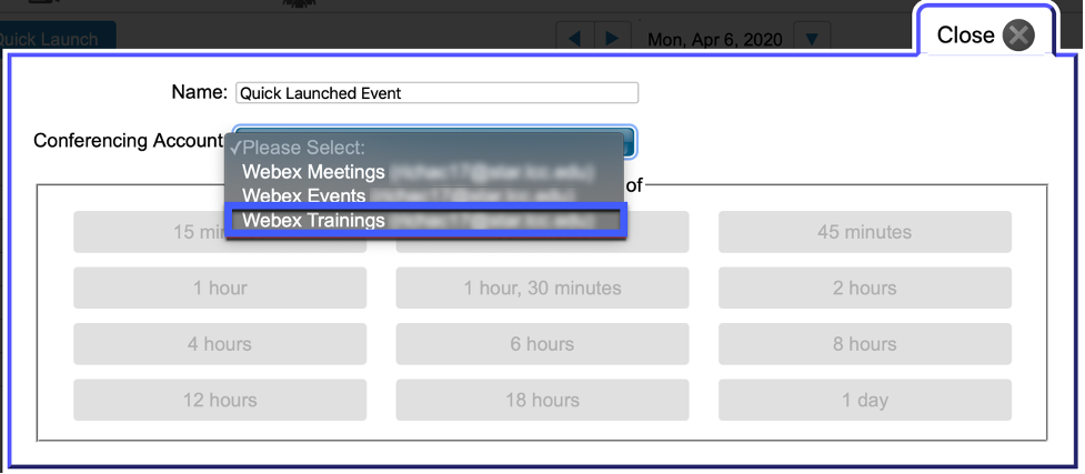 Screenshot of the Quick Launch options, highlighting the Name and Conferencing accounts options.