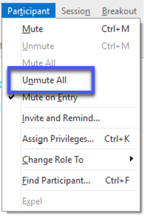 Screenshot of Participant menu, highlighting Unmute all.