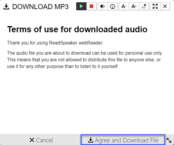 webReader MP3 download Terms of Use agreement.